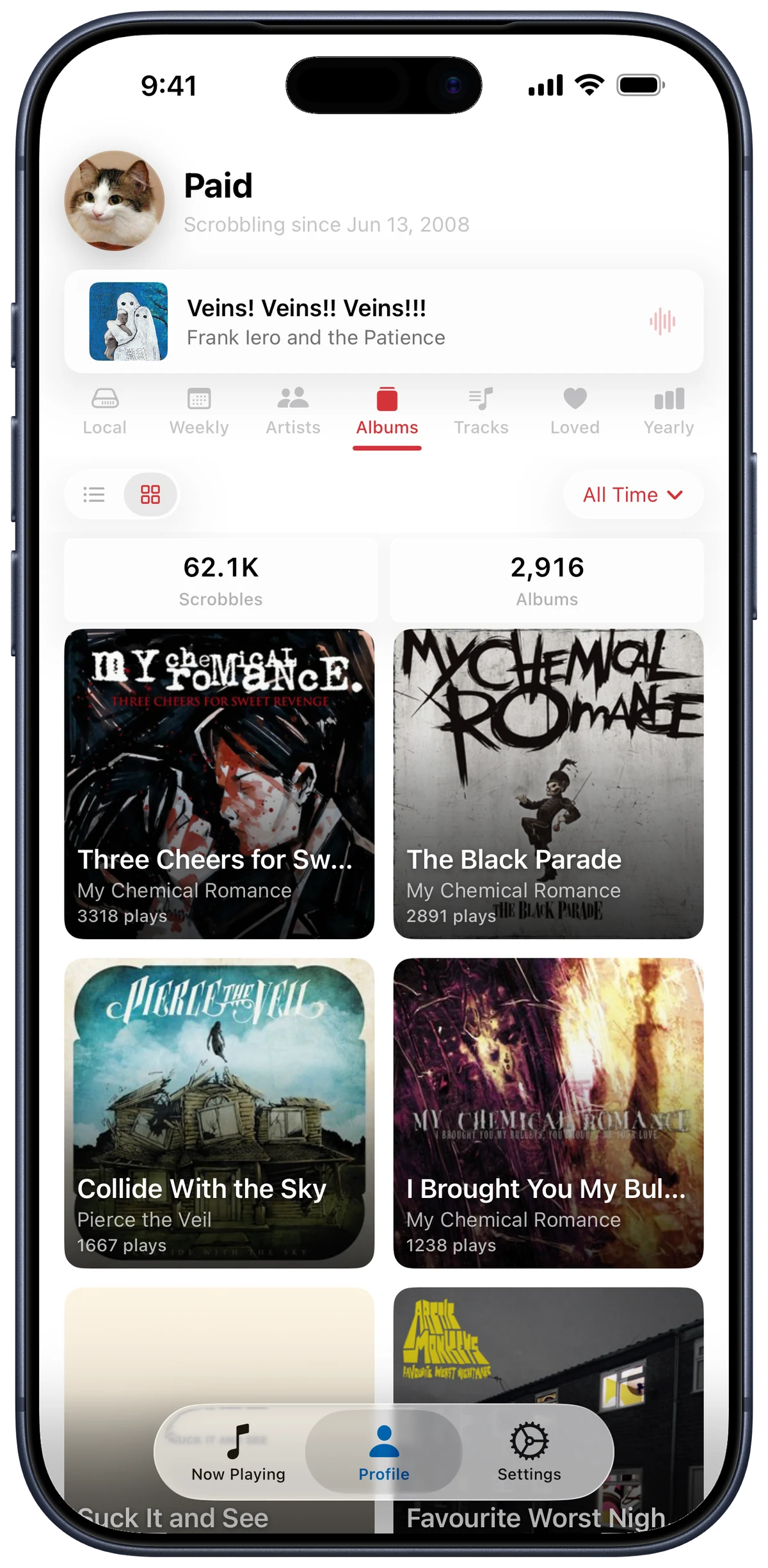 Top albums grid in the Scrobblie Profile tab.