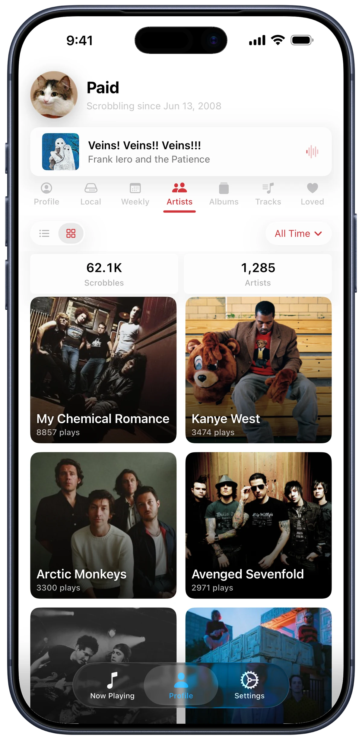 Top artists grid in the Scrobblie Profile tab.