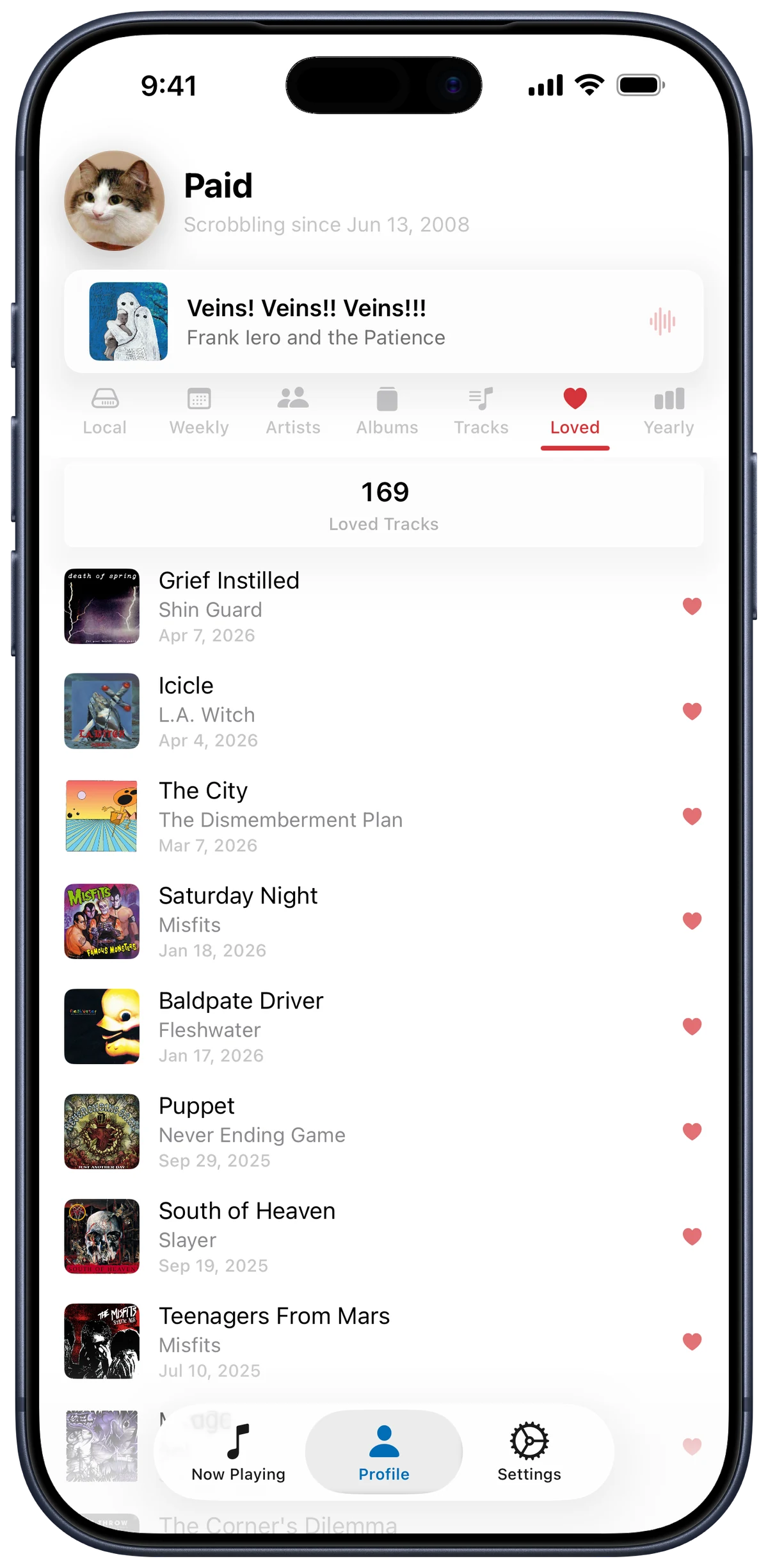 Loved tracks list in the Scrobblie Profile tab.